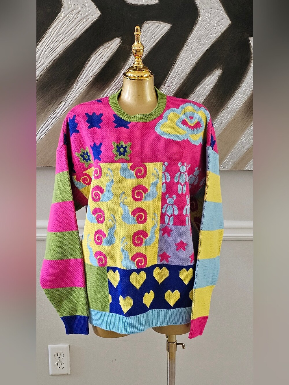 ASOS Design Womens S Colorful Abstract Graphic Knit Sweater Hearts Y2K